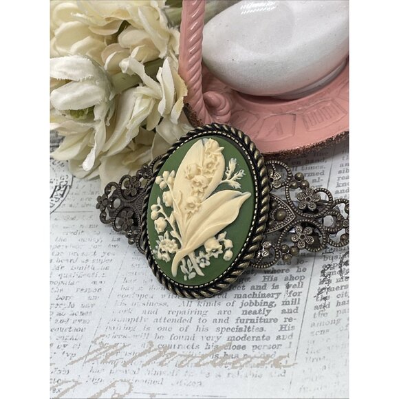 Lily Valley Green Victorian Flower Cameo Wedding Pin Hair Clip Jewelry Comb - Picture 6 of 10